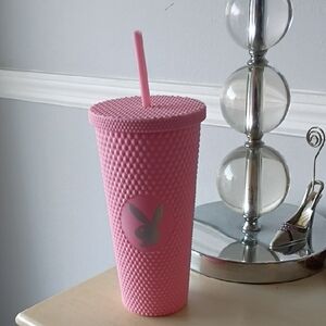 Pink Playboy Studded Texture Tumbler with Straw